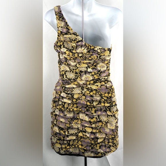 NWT Zara Mini Gauzy Dress Gold Floral Layered One Shoulder Ruched Boho Hippie​ - Picture 4 of 5